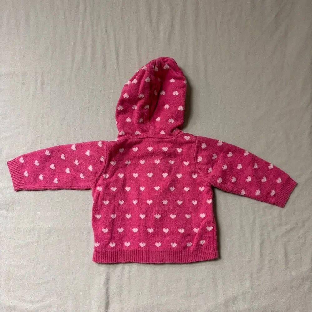 GYMBOREE Pink Heart Knit Jacket Girls 12-18 Months Sweater Hooded Full Zip Fall